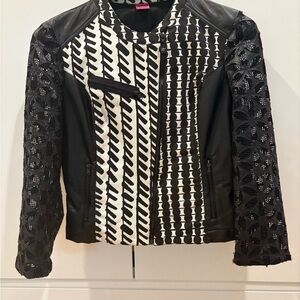 Save The Queen Geometric Print Leather Mesh Jacket